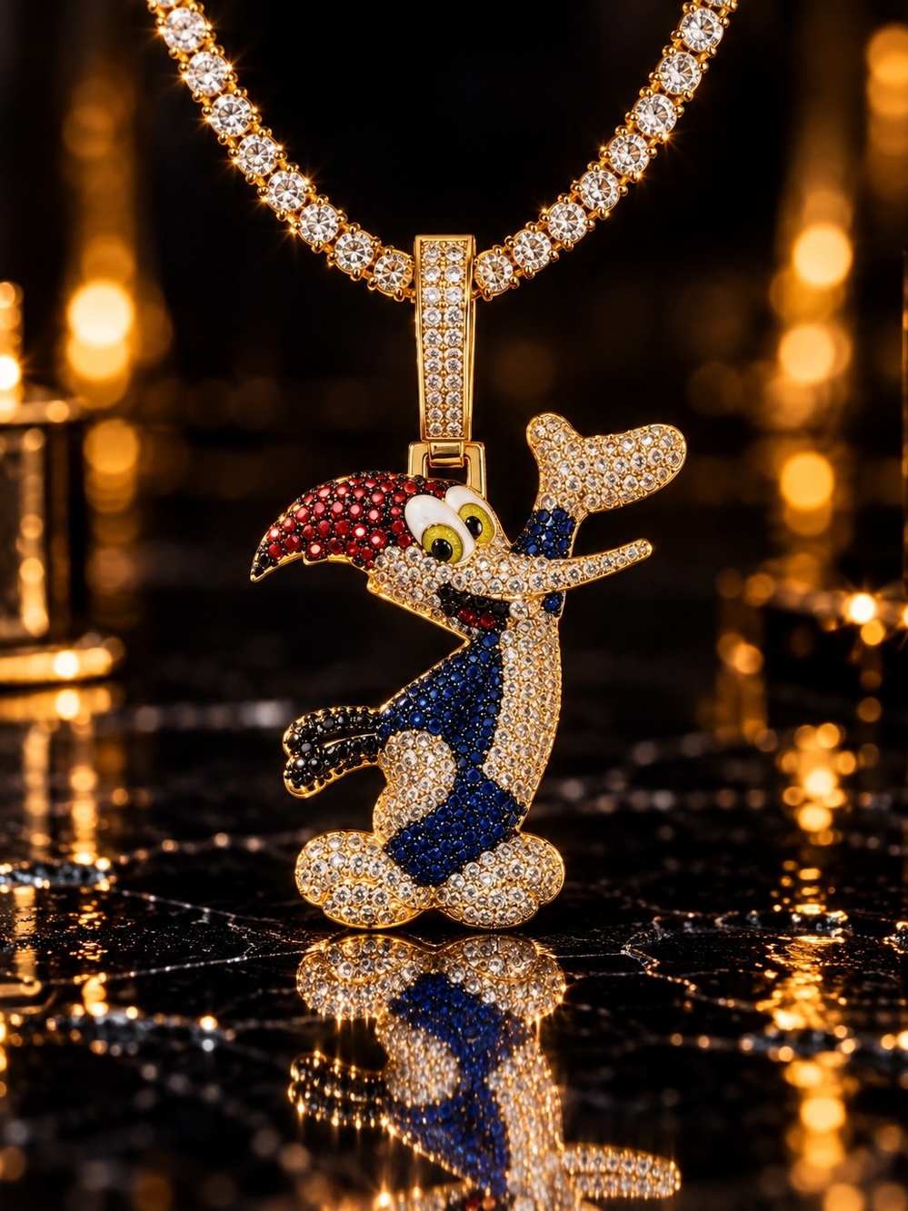 Gold Tone Cartoon Crystal Pendant Necklace in Blue, Red and White
